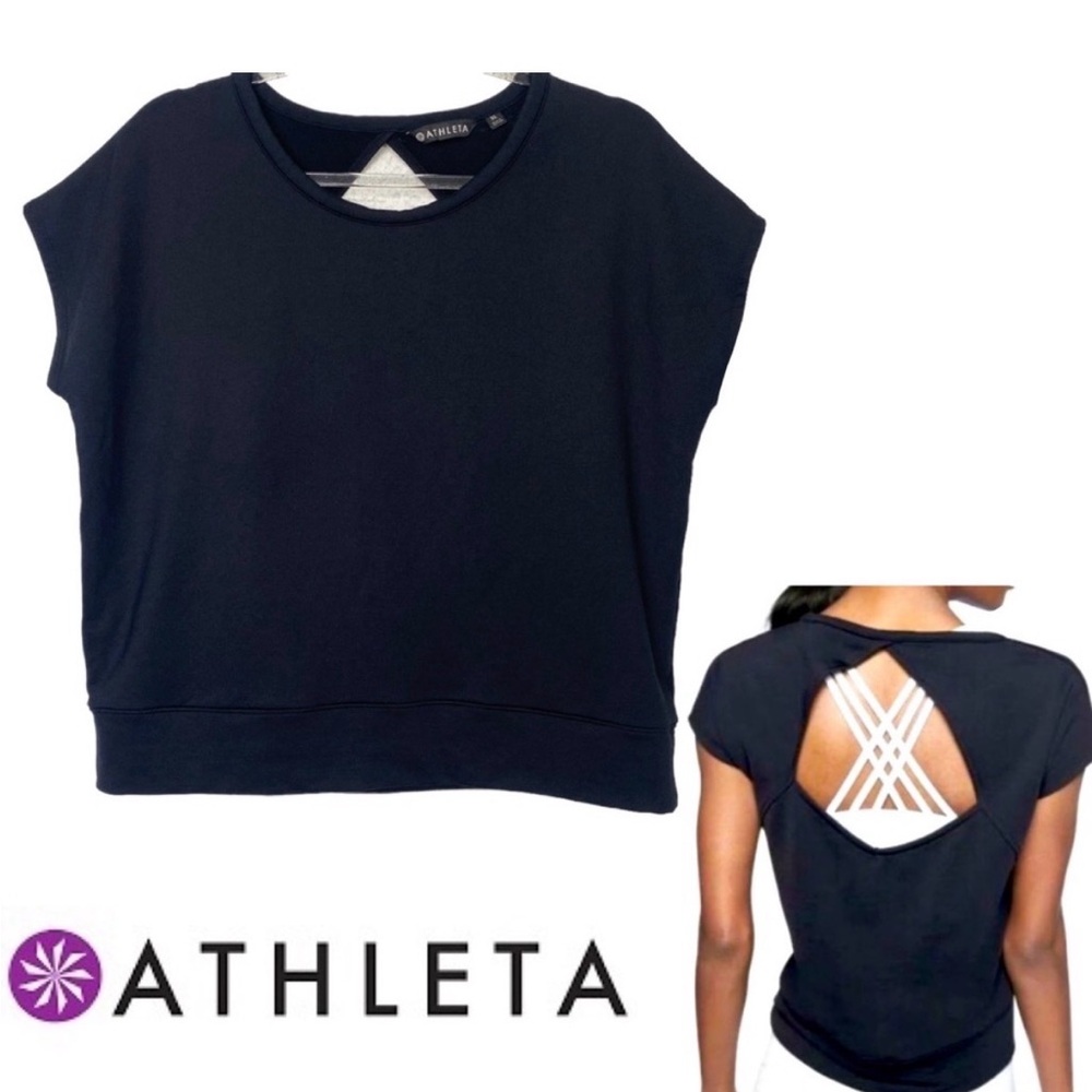 Athleta Black Short Sleeve Top with Strappy Open-Back